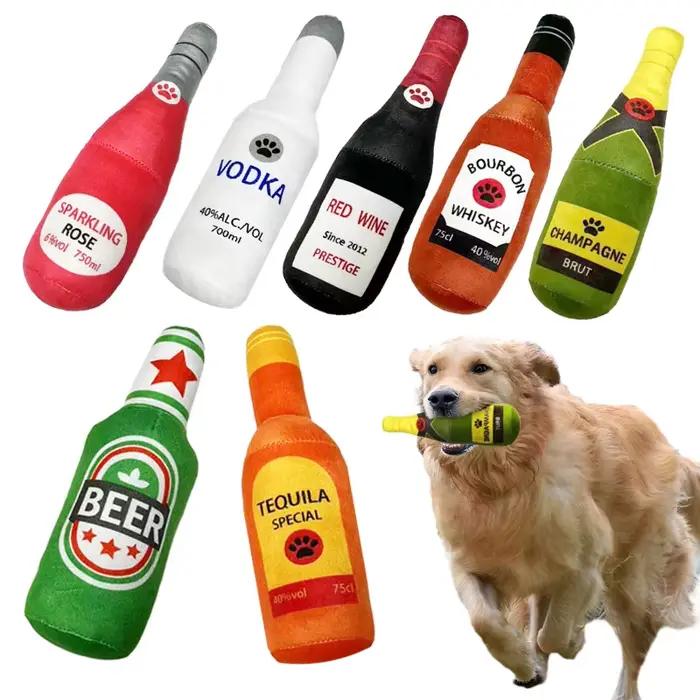 Jouets en peluche amusants pour chiens, en forme de bouteille de bière, petits et grands chiens, cou
