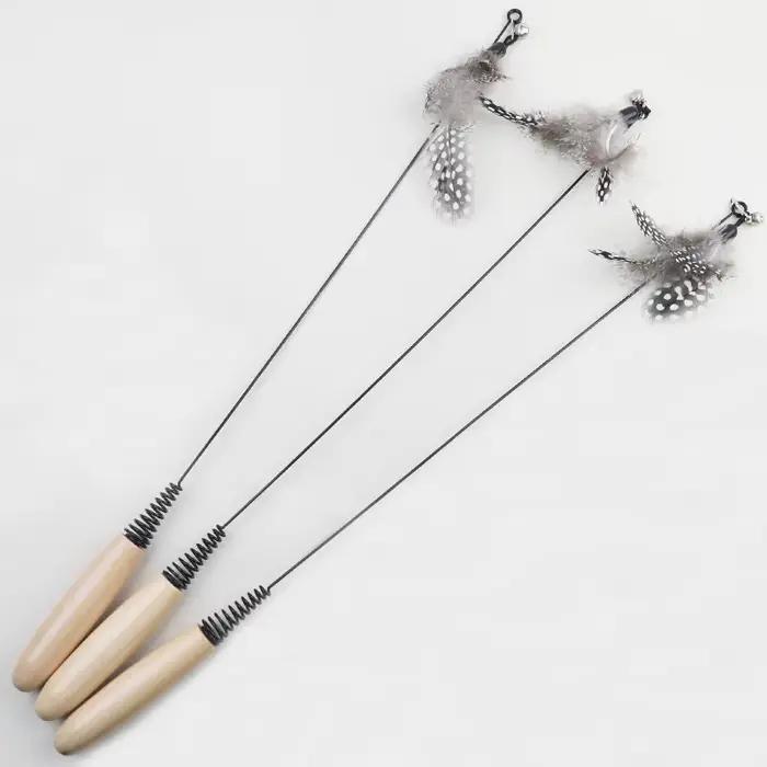 Bâton de chat à ressort avec manche en bois, tête de remplacement de plumes de perles, jouets pour c