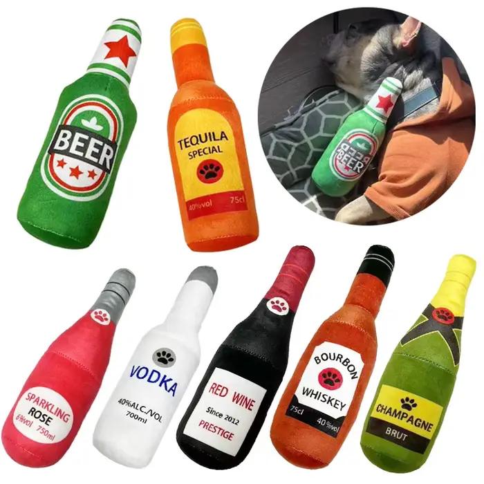 Jouets en peluche amusants pour chiens, en forme de bouteille de bière, petits et grands chiens, cou