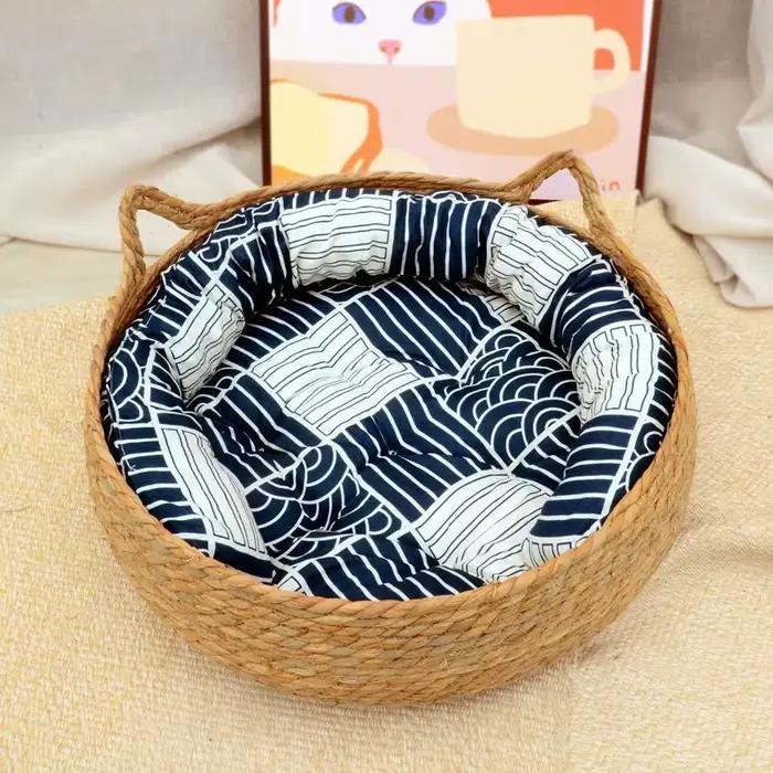 OUZEY rotin tissage chat panier animal de compagnie chat lit avec coussin doux chaud chiot chaton li