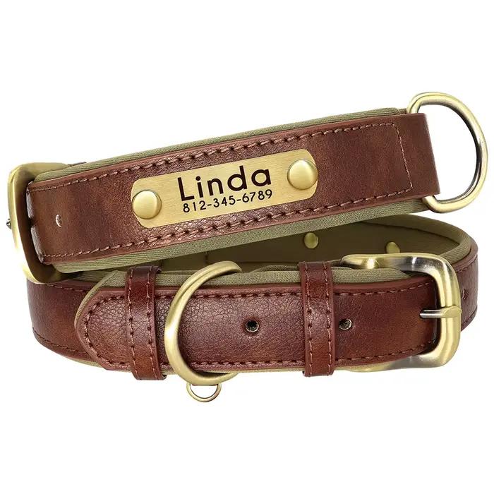 Ensemble de laisse de collier de chien en cuir personnalisé, collier en cuir rembourré souple pour p