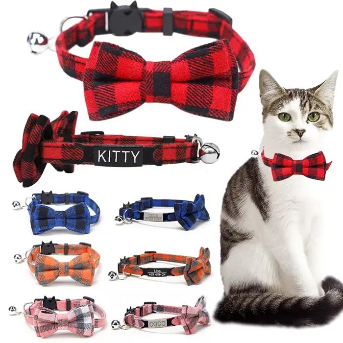 Collier de chat personnalisé avec nom ID et nœud papillon, collier de chien réglable élastique, nœud