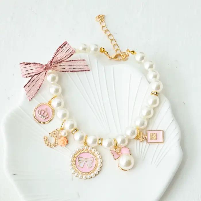 Collier de perles avec nœud pour animaux de compagnie, bijoux pour chat, pendentif de princesse, déc