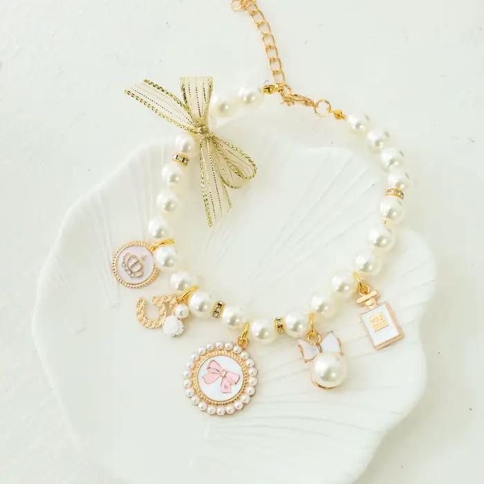 Collier de perles avec nœud pour animaux de compagnie, bijoux pour chat, pendentif de princesse, déc