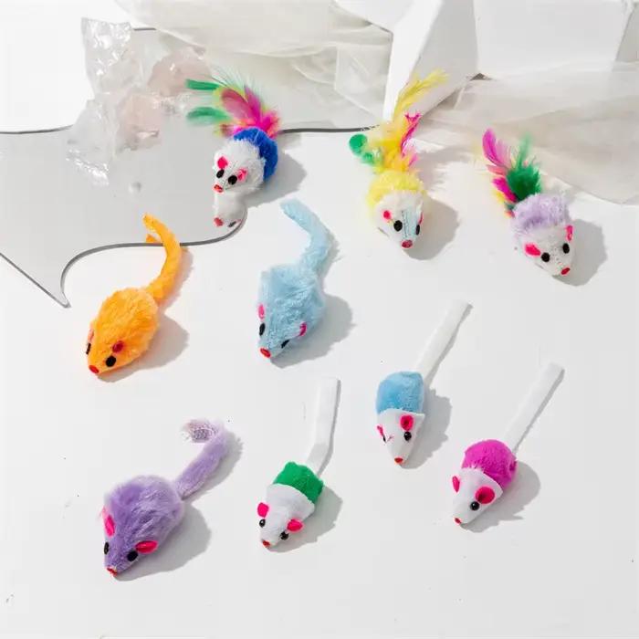 Jouets en fausse souris en polaire douce pour chat, 10 pièces, plumes colorées, jouets amusants pour