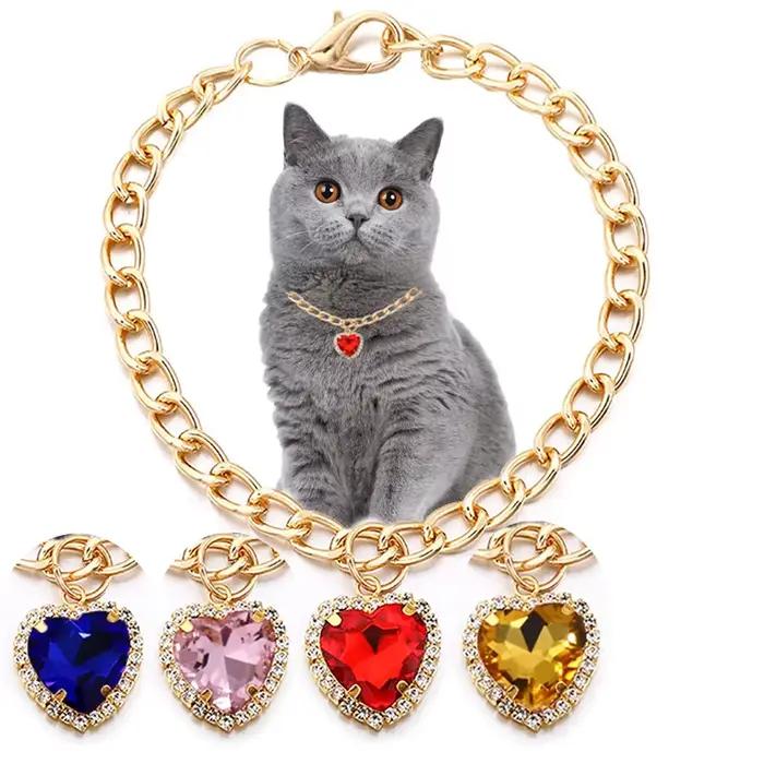 Collier de luxe pour chien et chat, bijoux avec pendentif en forme de cœur et de diamant, chaîne en 