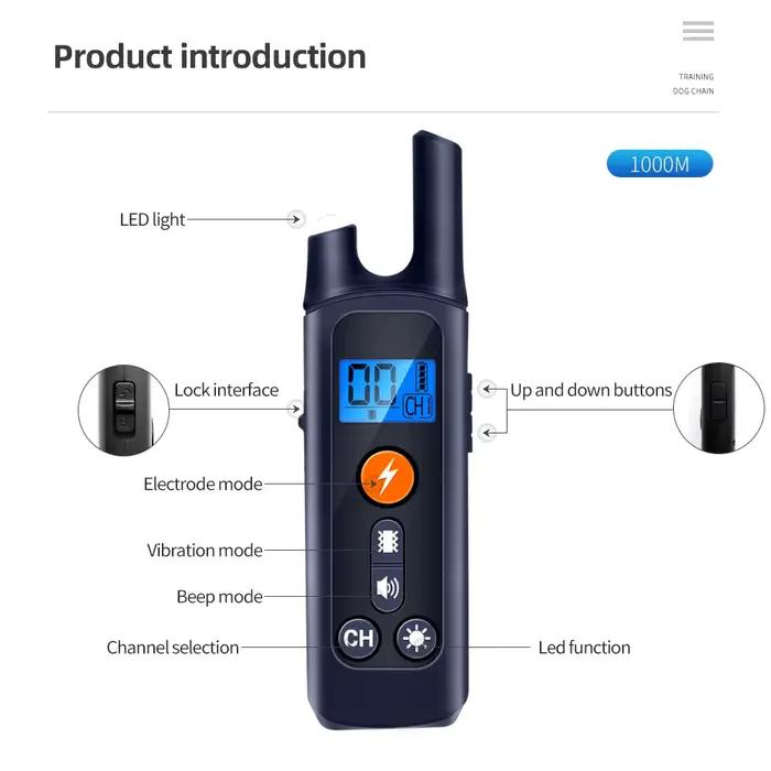Collier d'Entraînement pour Chien, Étanche, Rechargeable, 1000m, Télécommande, Choc Électrique avec 