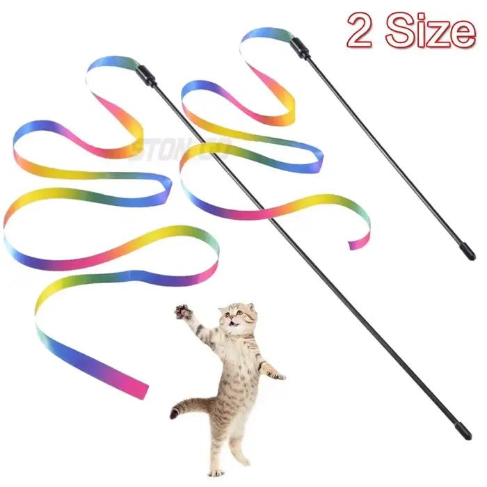 Jouet interactif pour animaux de compagnie, bâton pour chat avec ruban arc-en-ciel Double face, joue