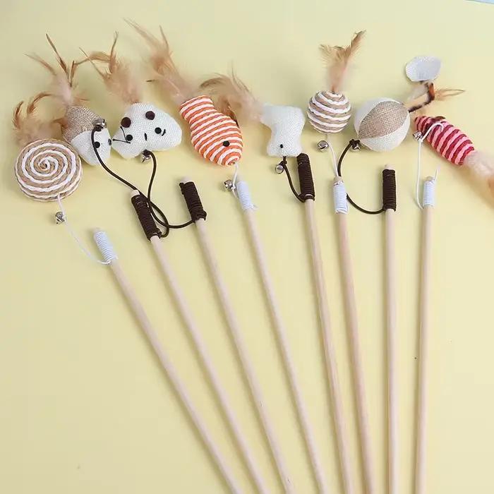 Nouveau souris en bois taquin chat tige chat jouet fournitures pour animaux de compagnie plume cloch