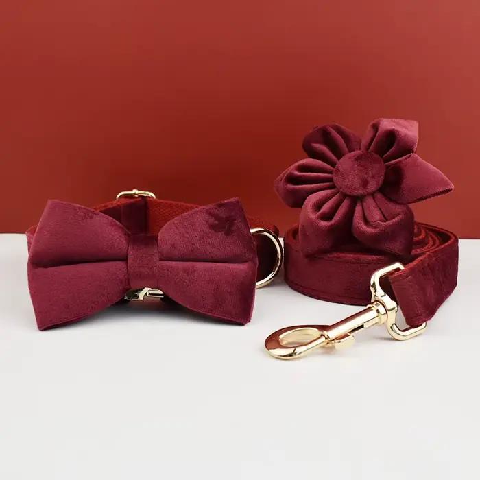 Ensemble collier et laisse pour chien en velours rouge, pour grands chiens, plaque nominative gravée