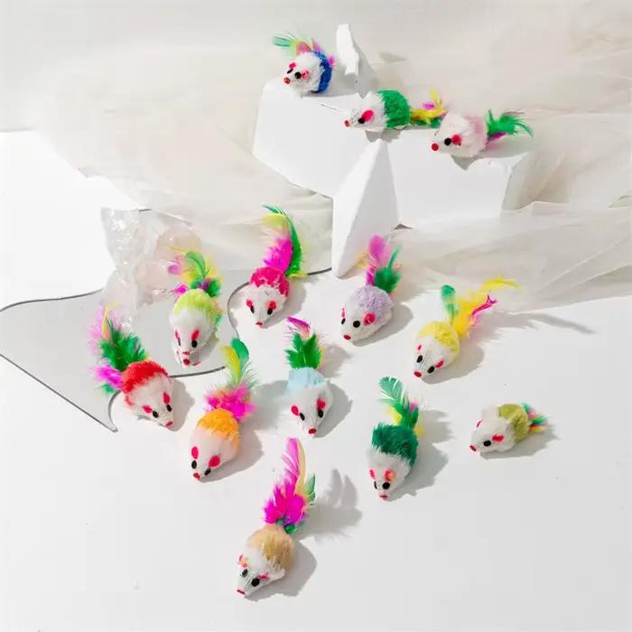 Jouets en fausse souris en polaire douce pour chat, 10 pièces, plumes colorées, jouets amusants pour