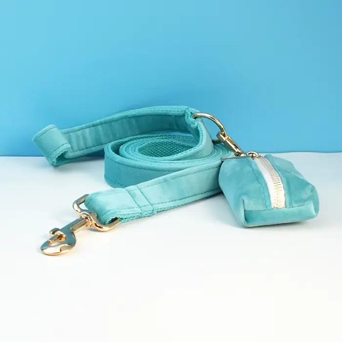 Ensemble collier et laisse pour chien en velours avec pierre turquoise, plaque nominative gravée sur
