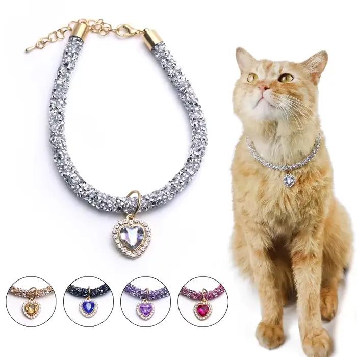 Collier en cristal pour chat, pendentif en forme de cœur, en strass, réglable, pour chat, chiot, Chi
