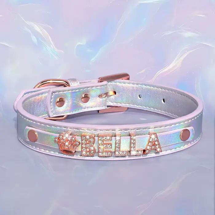 Collier pour chien personnalisé en cuir PU brillant avec lettre et breloque en or rose, colliers aju