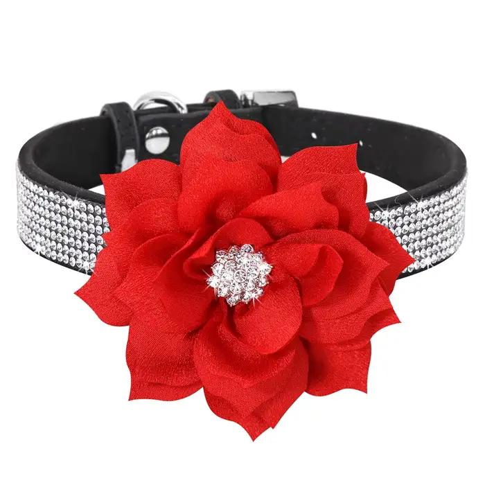 Collier en cuir pour chien avec strass scintillants, mignon collier Floral pour animaux de compagnie