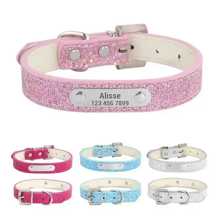 Collier de chien en cuir scintillant personnalisé avec nom, colliers d'identification de chiot gravé