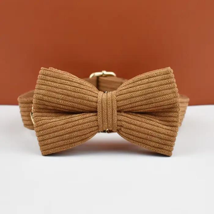 Ensemble collier et laisse pour chien en velours côtelé caramel, plaque nominative gravée sur mesure