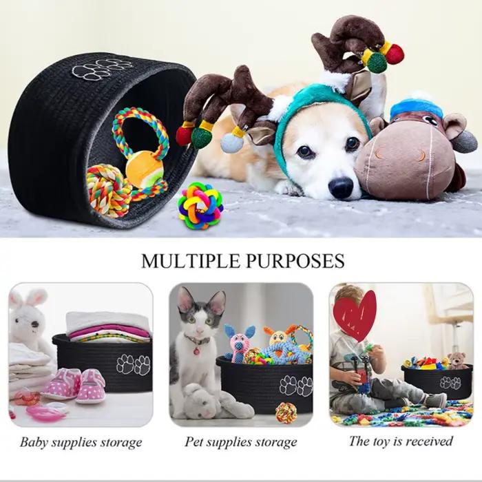 Panier de rangement pour jouets pour animaux de compagnie avec poignée. Tissage artisanal avec des empreintes de pattes