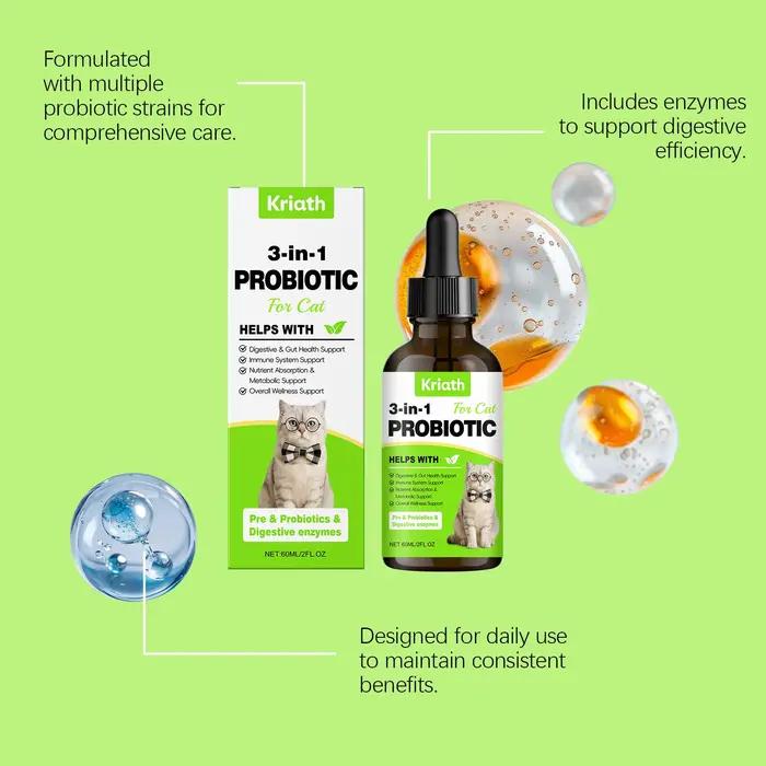 Gouttes probiotiques 3 en 1 pour chat – Soutient l'équilibre intestinal