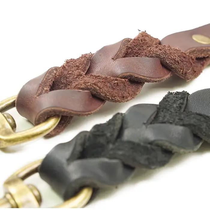 Laisse pour chien tressée en cuir véritable marron noir Laisses pour chiens robustes avec fermoir rotatif pour grands