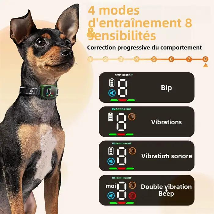 Collier de Dressage Anti Aboiement Sans Choc pour Chien Petit et Moyen 4 Modes 8 Niveaux Sensibilité Imperméable Rechargeable Léger et Durable