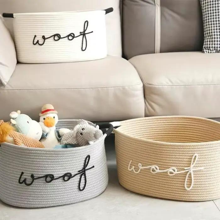 Panier rangement en corde coton fabriqué à main pour jouets chien
