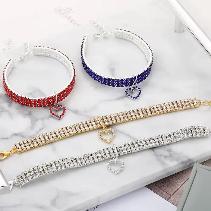 Collier élastique à trois rangées de strass pour animaux de compagnie