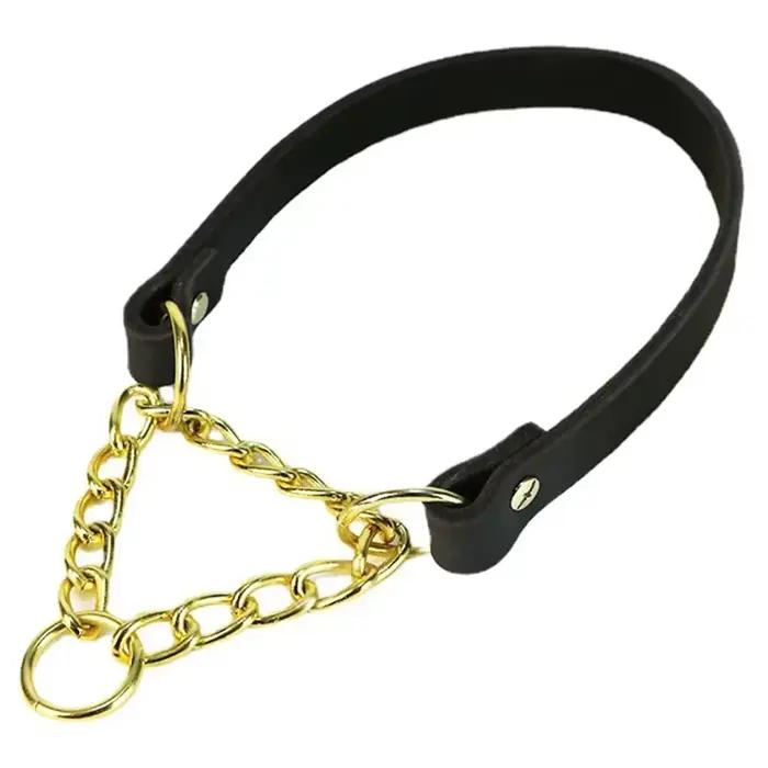 Collier de chien en cuir véritable robuste avec chaîne en métal Martingale
