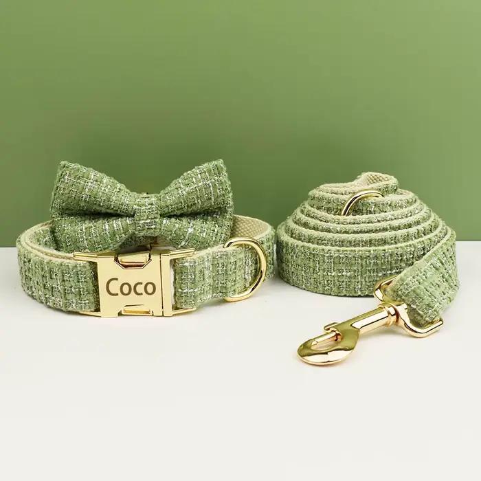Ensemble collier et harnais vert citron pour chien avec plaque nominative gravée sur mesure