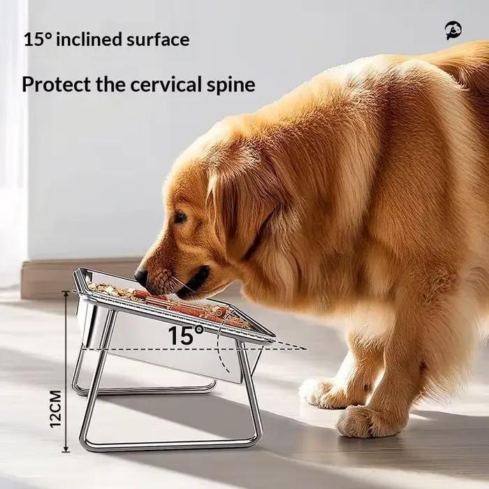 ● Bol pour chien en acier inoxydable grande capacité 15 ° Conception inclinée et surélevée avec protection du cou