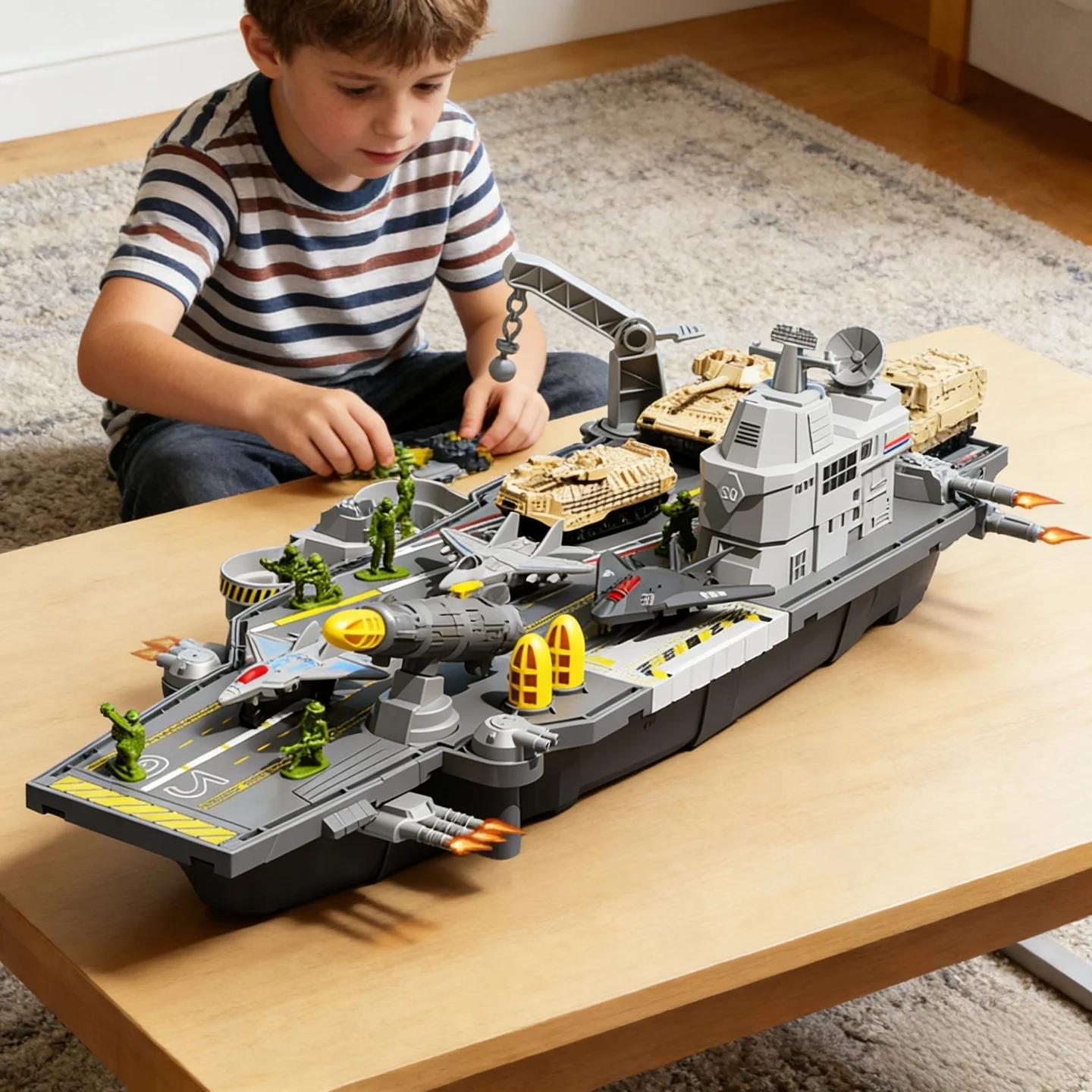 Jouet d'assemblage de porte-avions pour enfants avec mini-soldats, avions et voitures. Le transporteur possède une fonction de stockage au fond, capable de transporter des voitures et des avions. C'es