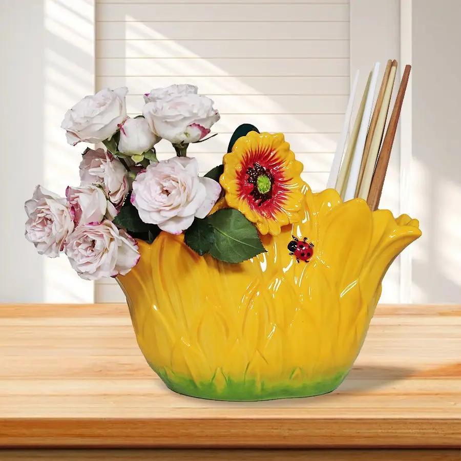 Panier de fleurs en céramique Portable, fleur de tournesol, Arrangement floral créatif pour la maison, ornement, baguettes, rangement de couteaux et de fourchettes