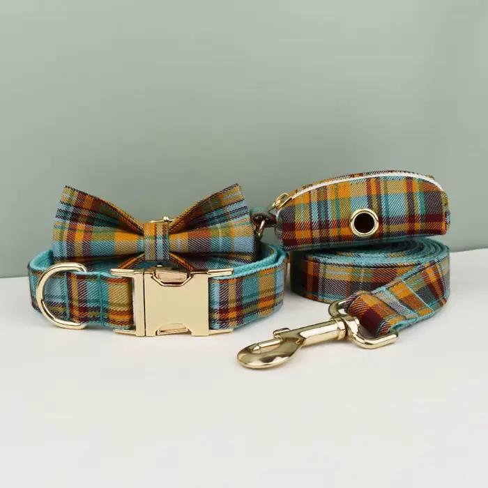 Collier, laisse et harnais pour chien personnalisés en coton avec logo sur mesure de haute qualité,