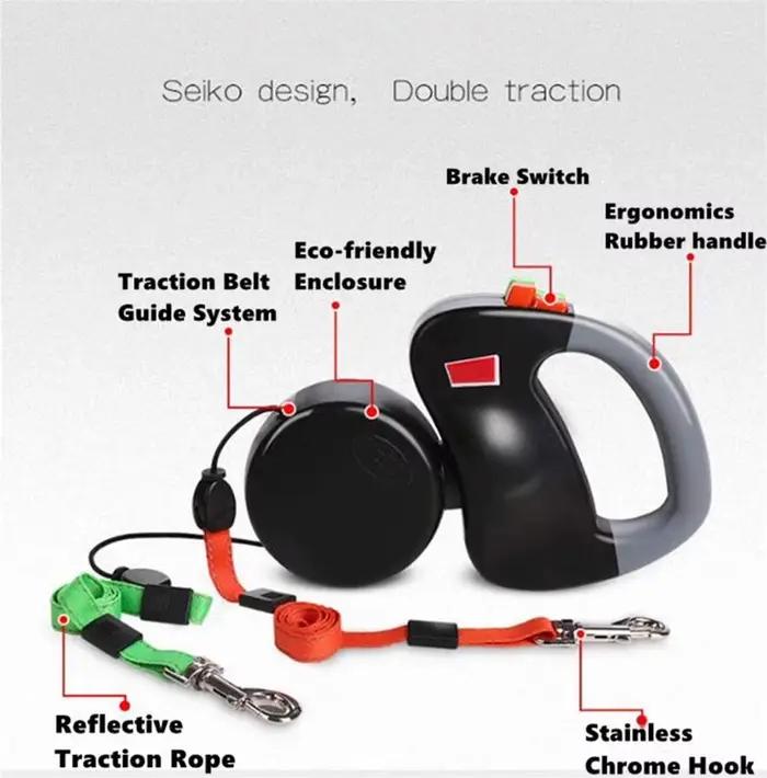 Double laisse rétractable extensible pour chiens, laisse automatique réfléchissante de 3M pour anima