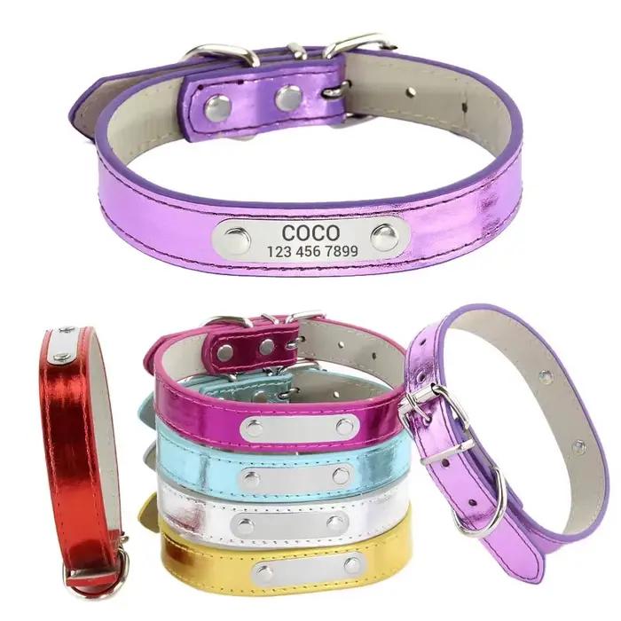 Collier de chien en cuir scintillant personnalisé avec nom, colliers d'identification de chiot gravé