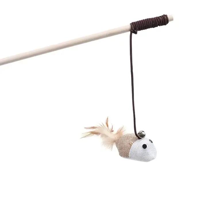 Nouveau souris en bois taquin chat tige chat jouet fournitures pour animaux de compagnie plume cloch