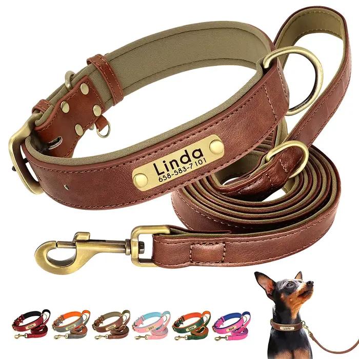 Ensemble de laisse de collier de chien en cuir personnalisé, collier en cuir rembourré souple pour p