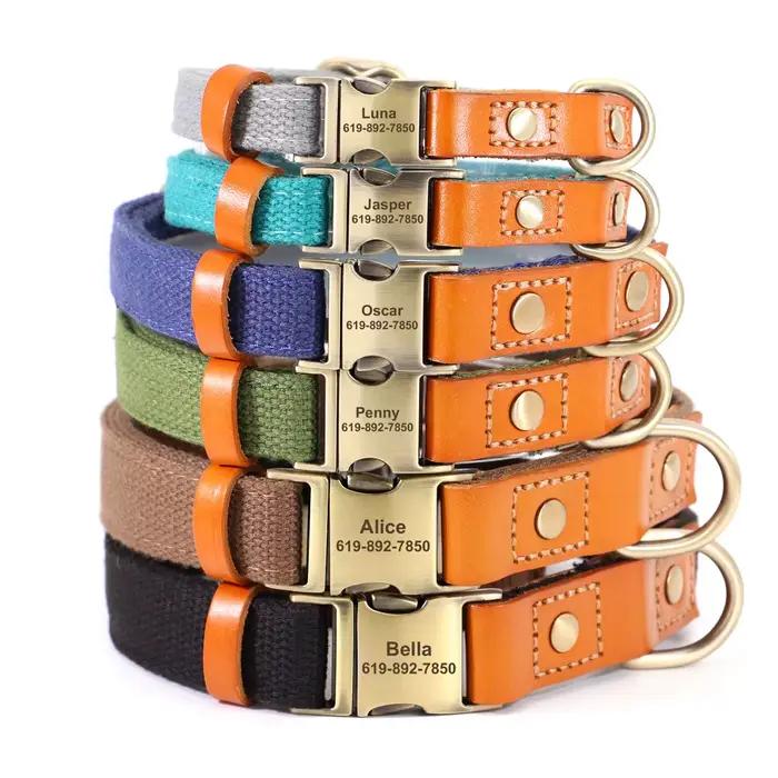 Collier à boucle pour chien personnalisé, en Nylon et cuir, nom gravé pour petits et moyens chiens,
