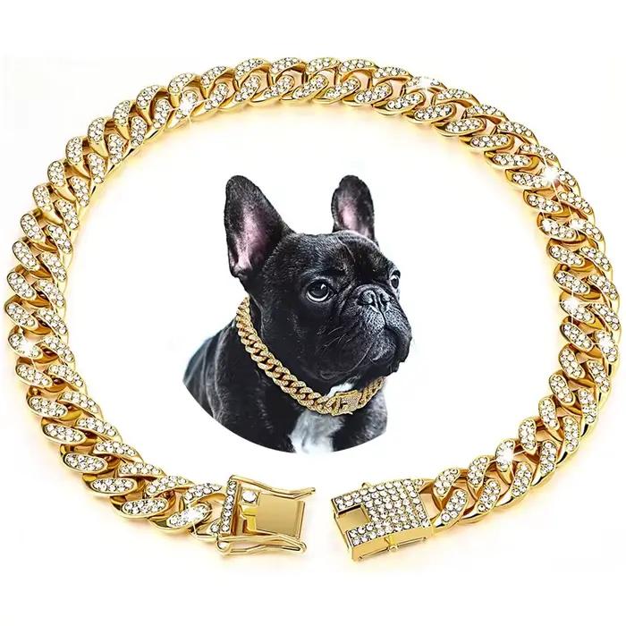 Collier de luxe en chaîne dorée pour chien, collier pour chiot, accessoires de bijoux en cristal, li