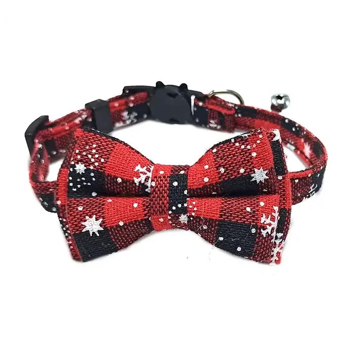 Collier pour chat détachable pour animaux de compagnie, nœud papillon et cloche, mignon Plaid de noë