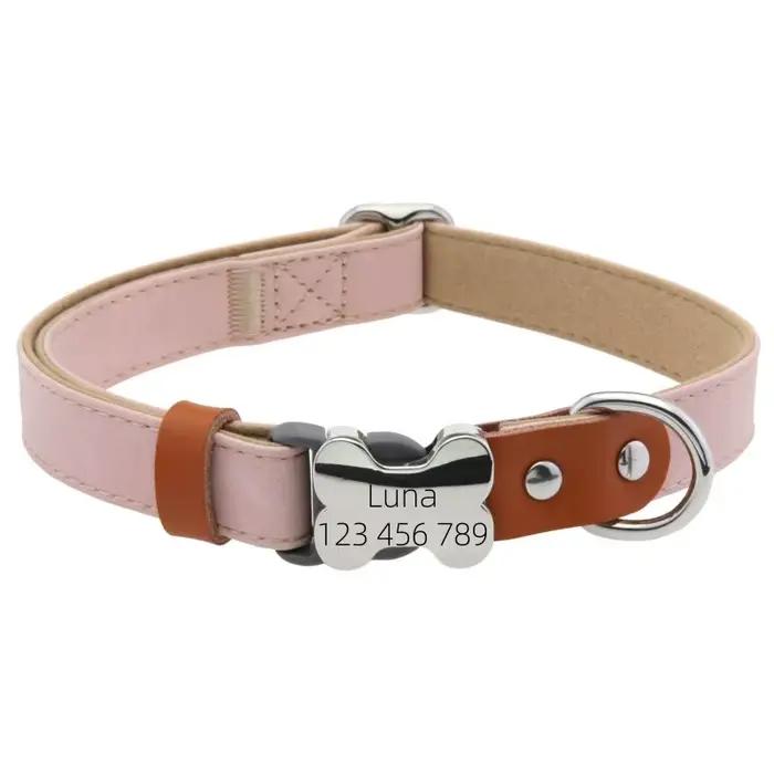 Collier pour chien en cuir PU personnalisé, gravé, réglable, avec boucle d'identification, durable p