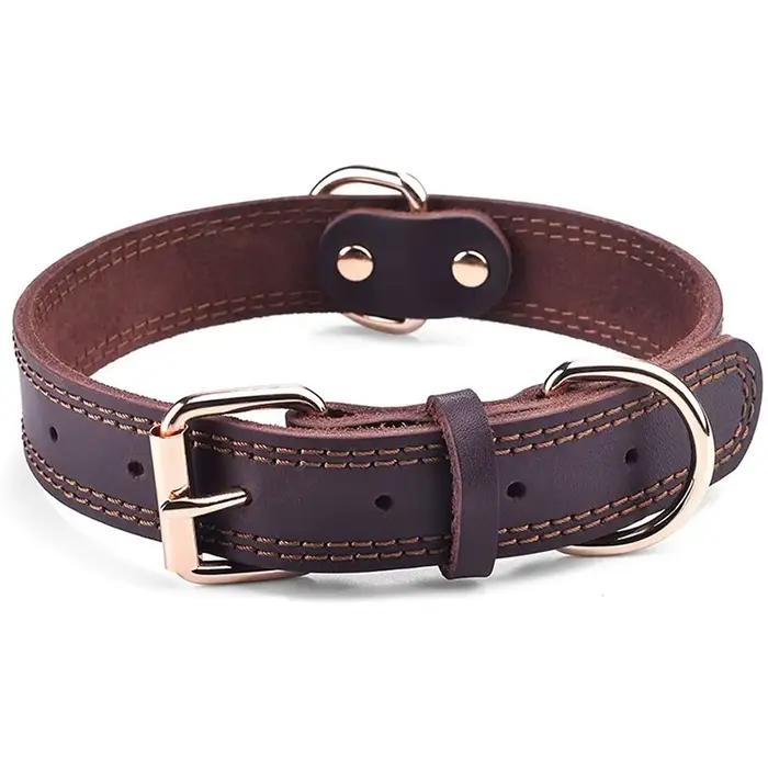 Collier pour chien en cuir véritable de qualité, Durable, Vintage, robuste, antirouille, Double anne