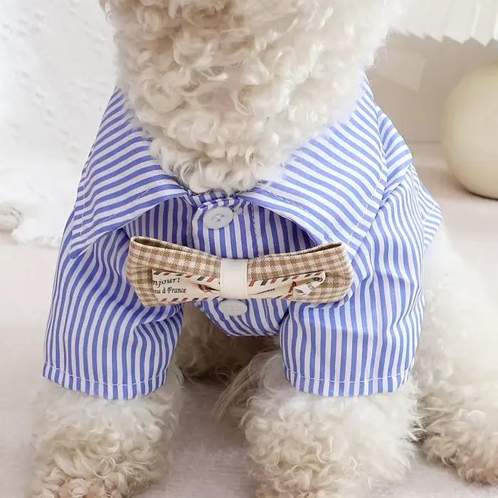 Vêtements pour chiens de compagnie chemises rayées à nœud papillon mince été bleu mode Chihuahua che