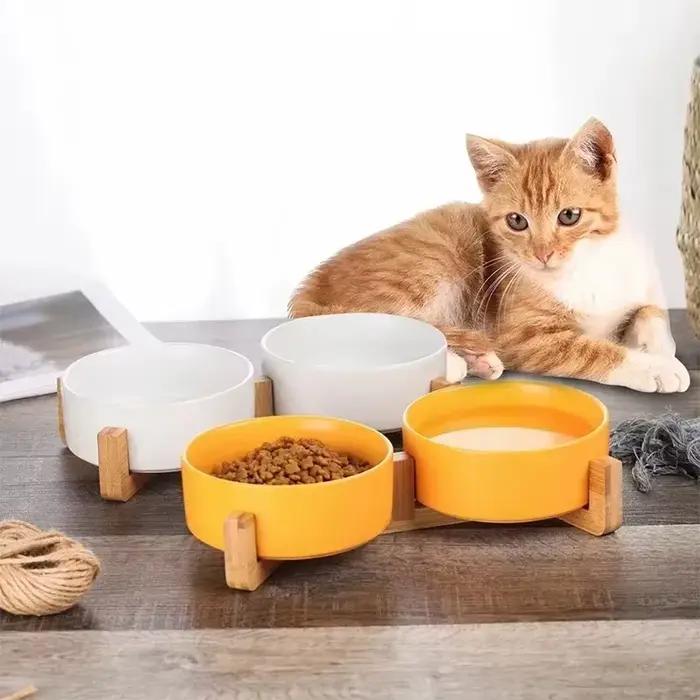 Bol en céramique pour animaux de compagnie avec support en bois