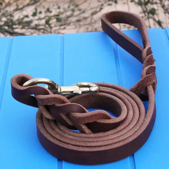 Laisse tressée en cuir véritable pour grand chien