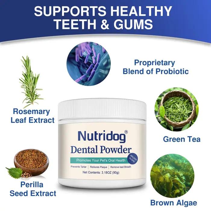 NUTRIDOG – poudre de soins dentaires avec dissolvant de Plaque de thé vert pour chiens et chats