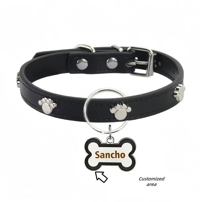 Collier de chien en cuir personnalisé avec étiquette pour animaux de compagnie en forme d'os