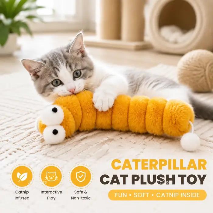 Jouet peluche souple en forme de chenille à la catnip pour chatons – Bâton à mâcher interactif pour le nettoyage des dents et le soulagement de l'anxiété – Accessoire de jeu à domicile