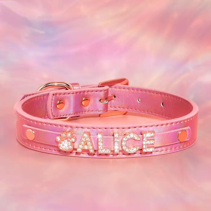 Collier pour chien personnalisé en cuir PU brillant avec lettre et breloque en or rose