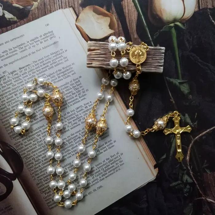 Collier chapelet religieux à cinq bénédictions, chaîne de perles de prière, médaille de Saint benoît, Crucifix croix, collier en Y, bijoux